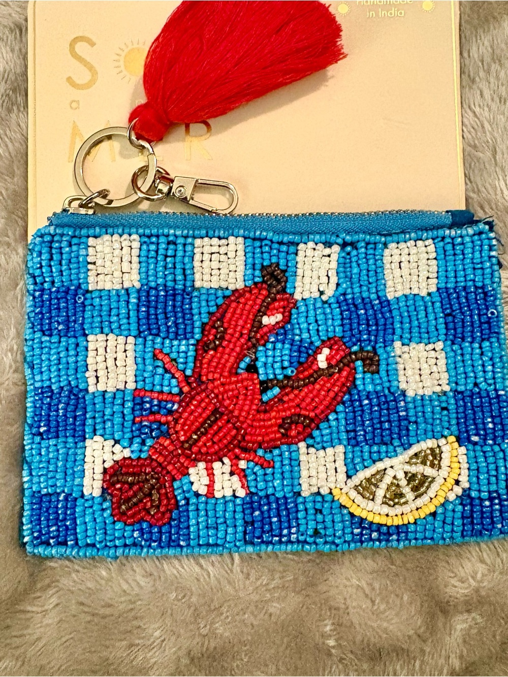 Made in India beaded lobster keychain pouch